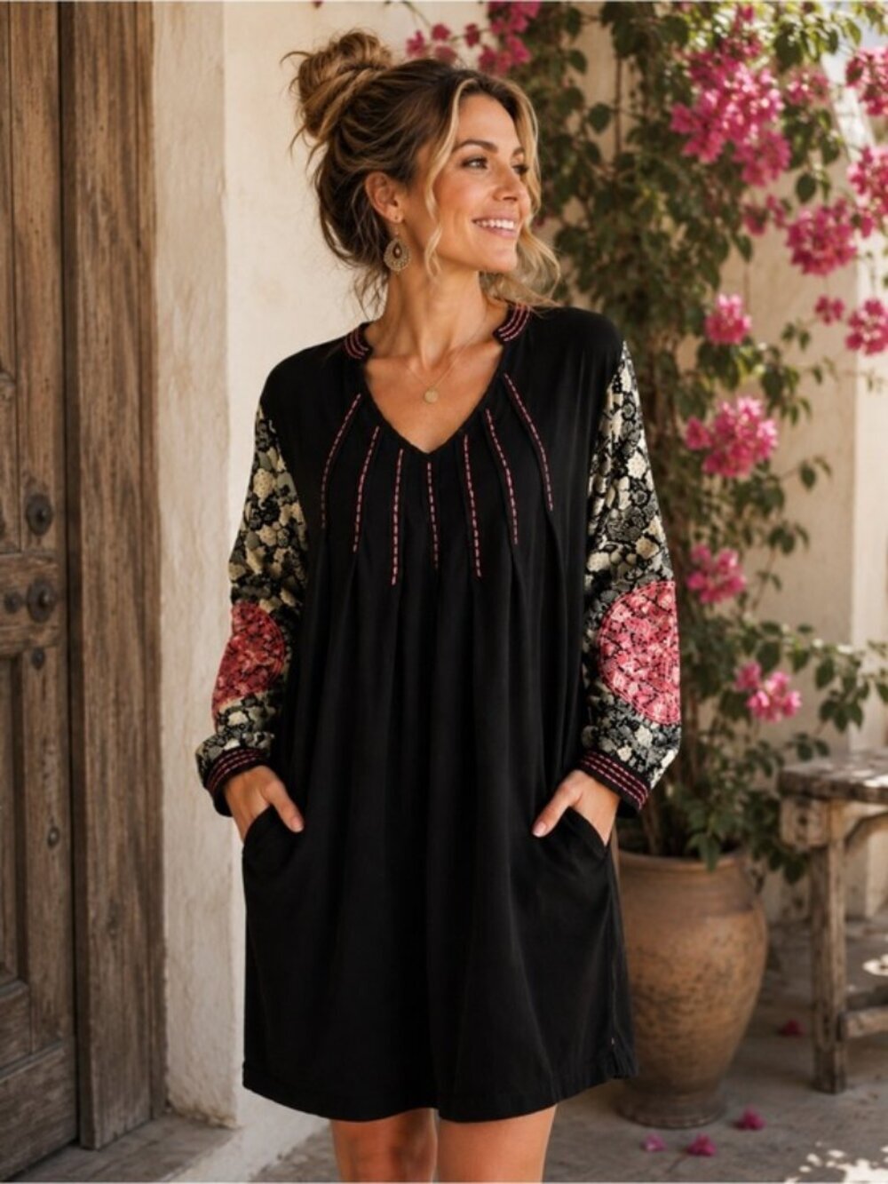 Ulla Popken Embroidered Cotton Tunic Dress | Size 12/14 | Boho Peasant Pockets